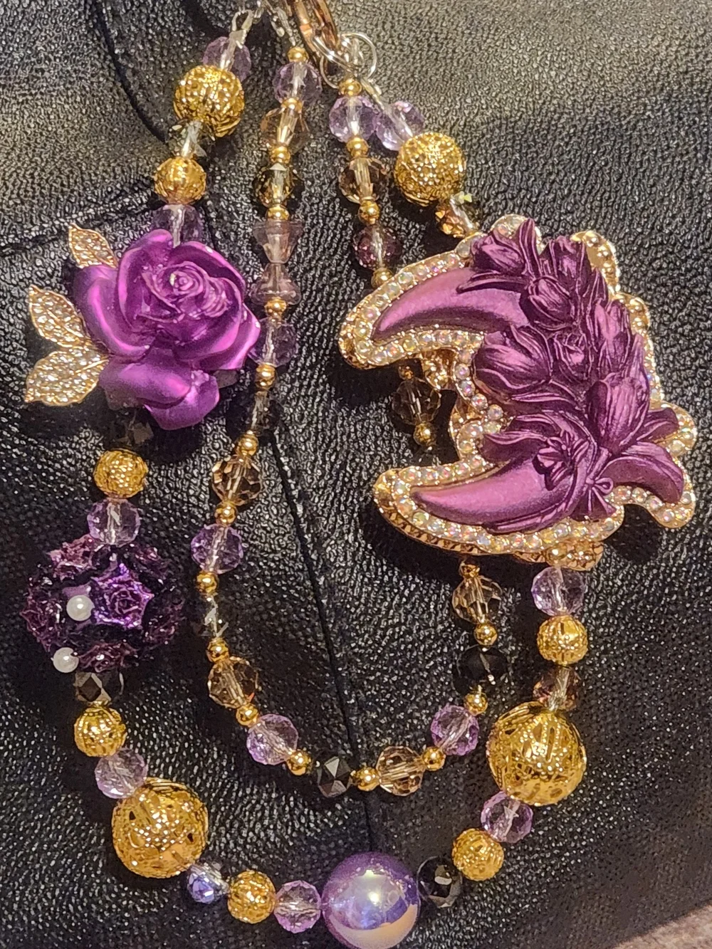 Purple Floral Moon Charms for Purse and Phone - Gold Accents